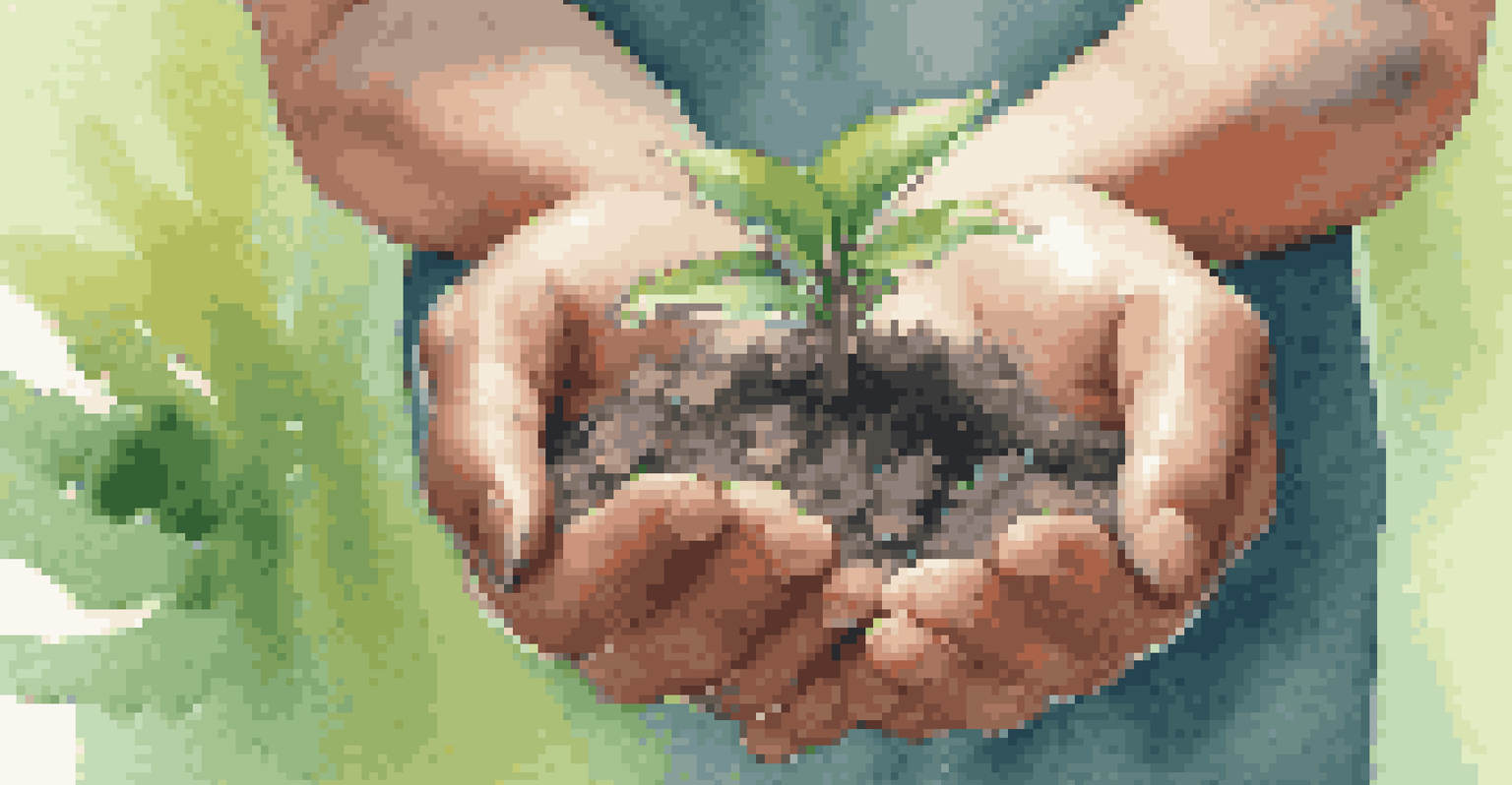 Close-up of hands holding a small green plant against a blurred garden background.