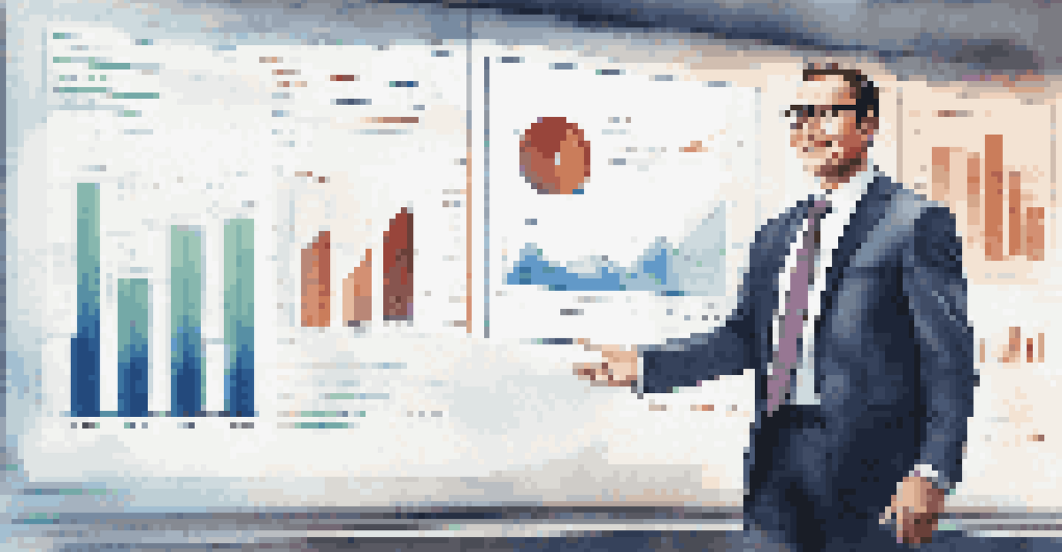 A financial advisor in business attire presenting financial data on a digital screen in a modern office.