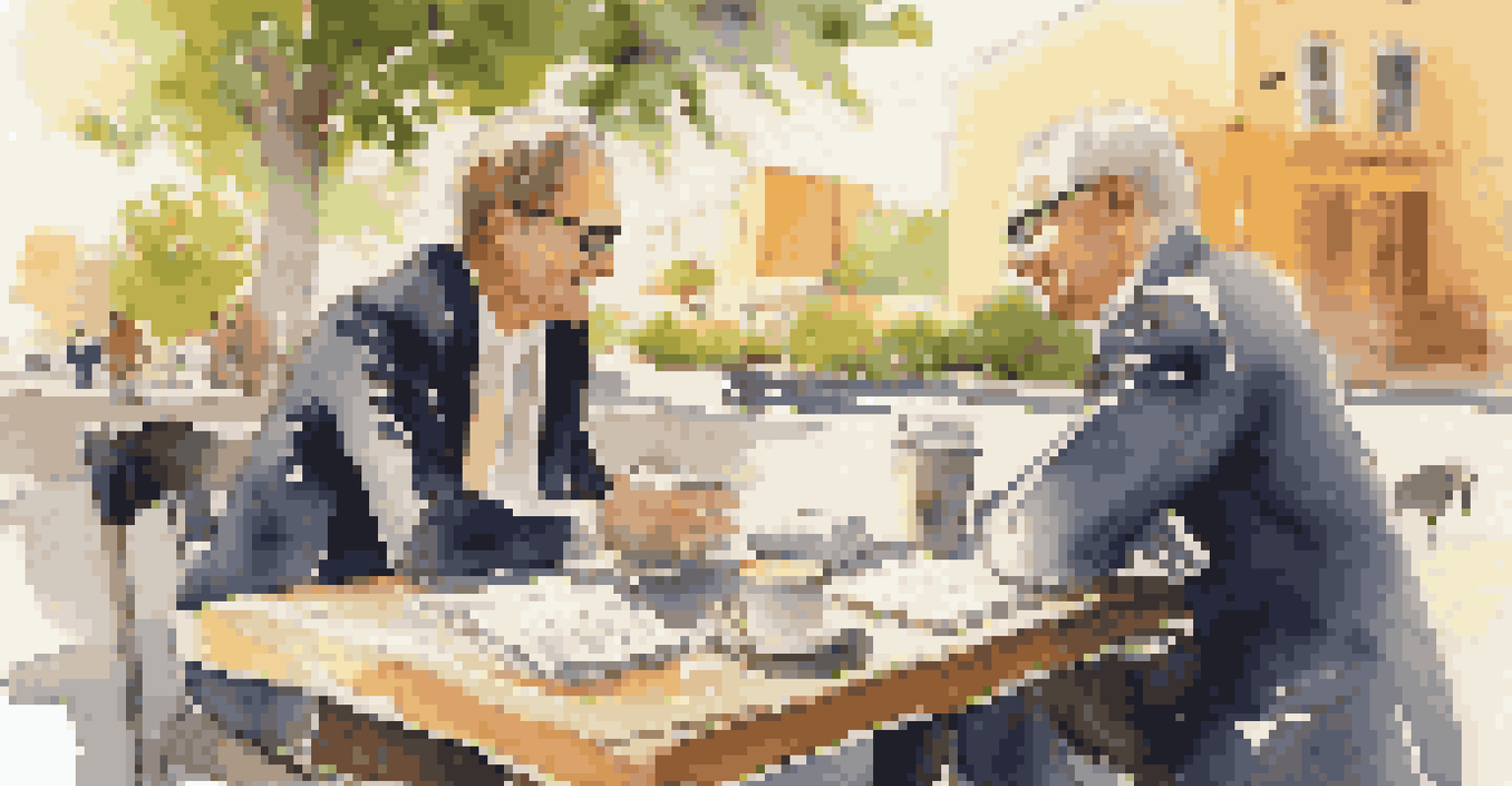 A financial advisor and client discussing financial plans at an outdoor café with notebooks and documents.