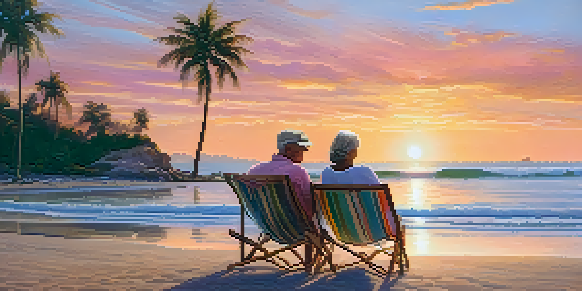 A couple sitting on a beach at sunset, enjoying each other's company with waves in the background.