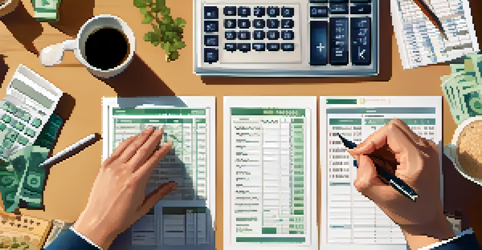 Close-up of hands using a calculator with bills and a budgeting spreadsheet around, highlighting financial management, with a cup of herbal tea nearby.