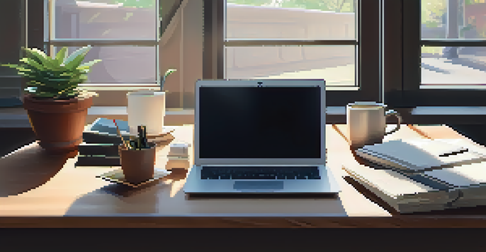 A cozy and inviting workspace with a wooden desk, laptop, notepads, coffee cup, and a potted plant, illuminated by soft morning light.