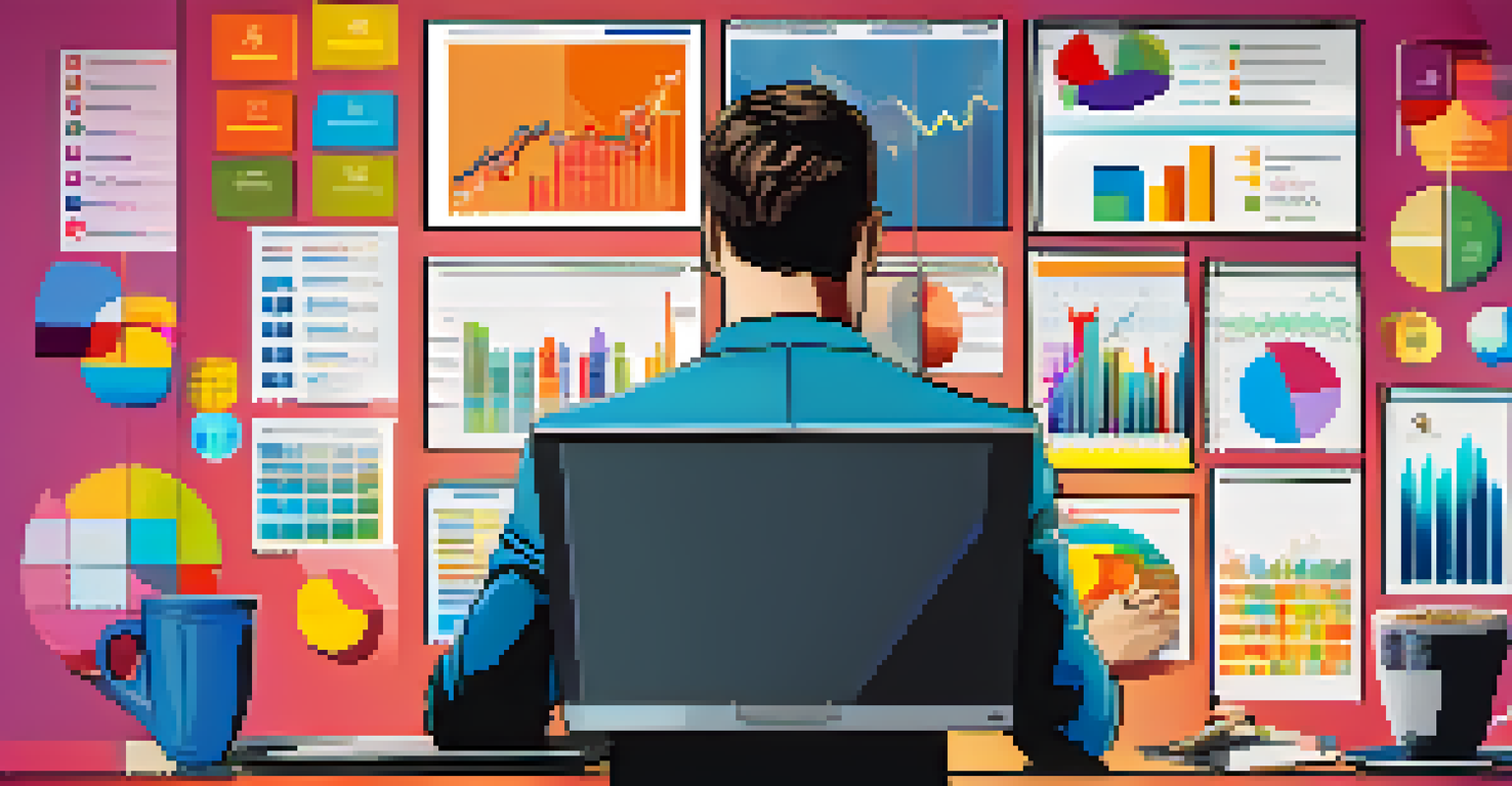 A financial analyst analyzing colorful graphs and charts on a laptop in a modern workspace, with a cup of coffee nearby.