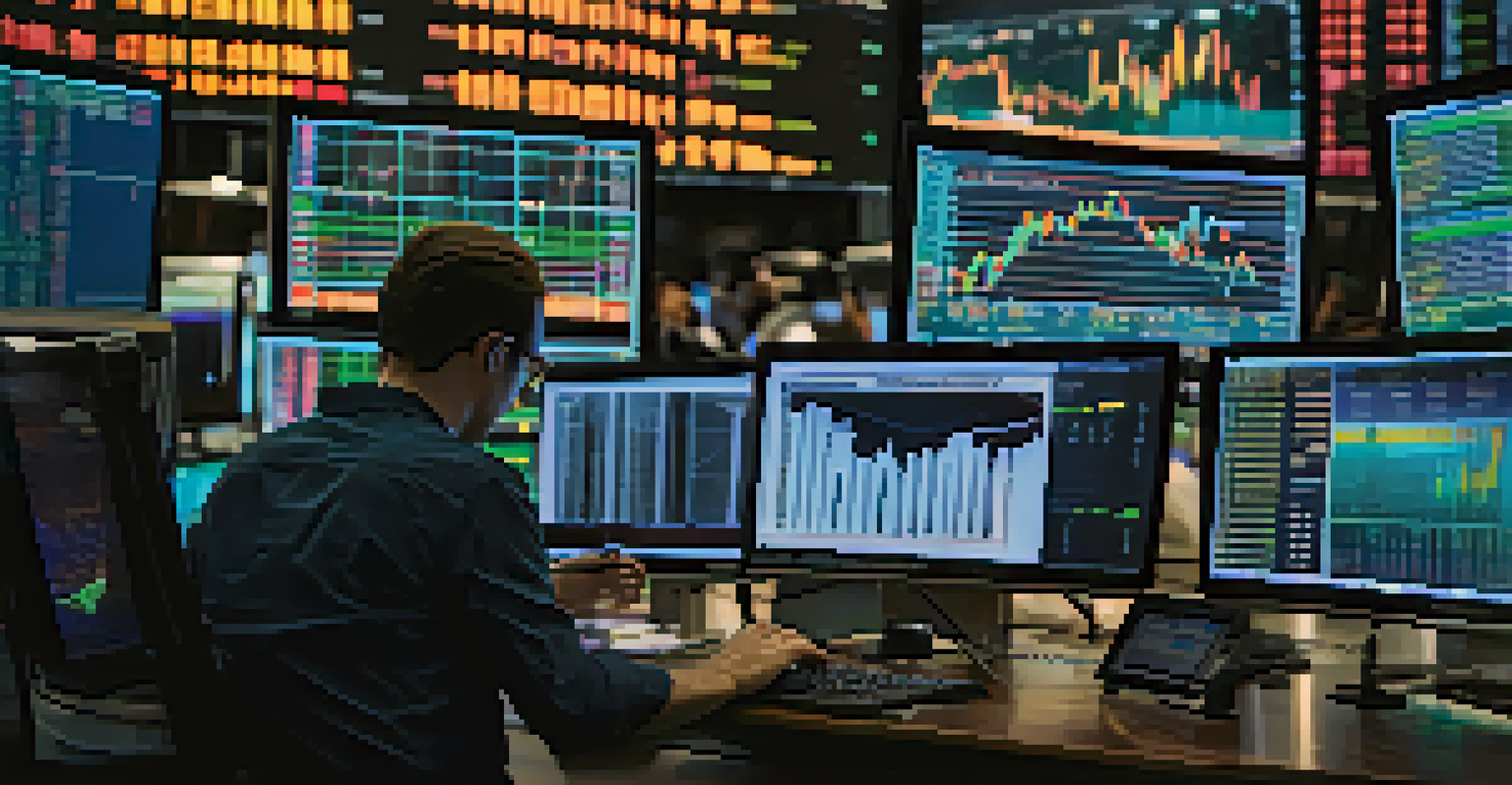 A close-up of a trader's hands working with screens showing stock market data.