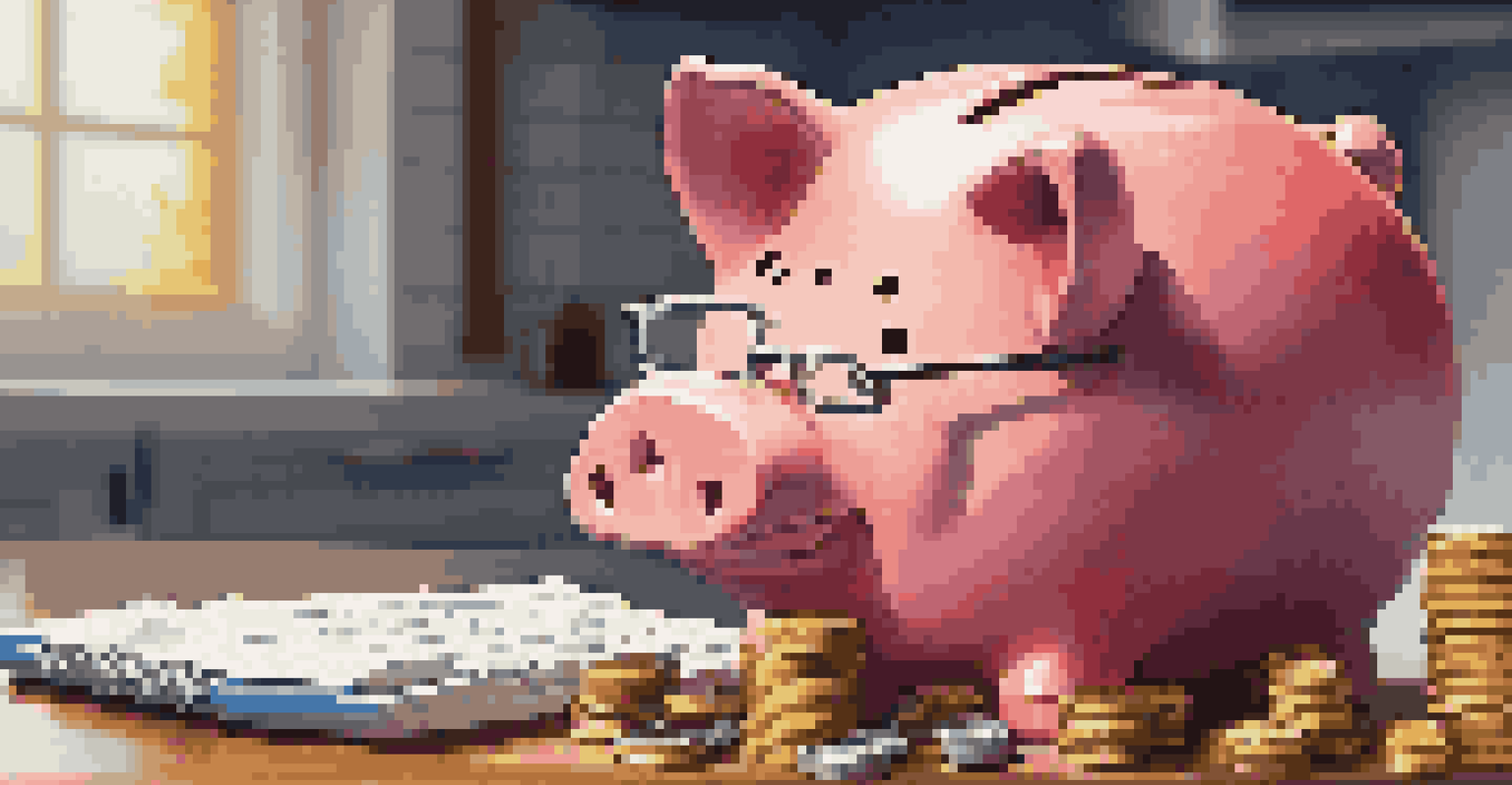 A colorful piggy bank with coins and a calculator on a kitchen table, symbolizing savings.