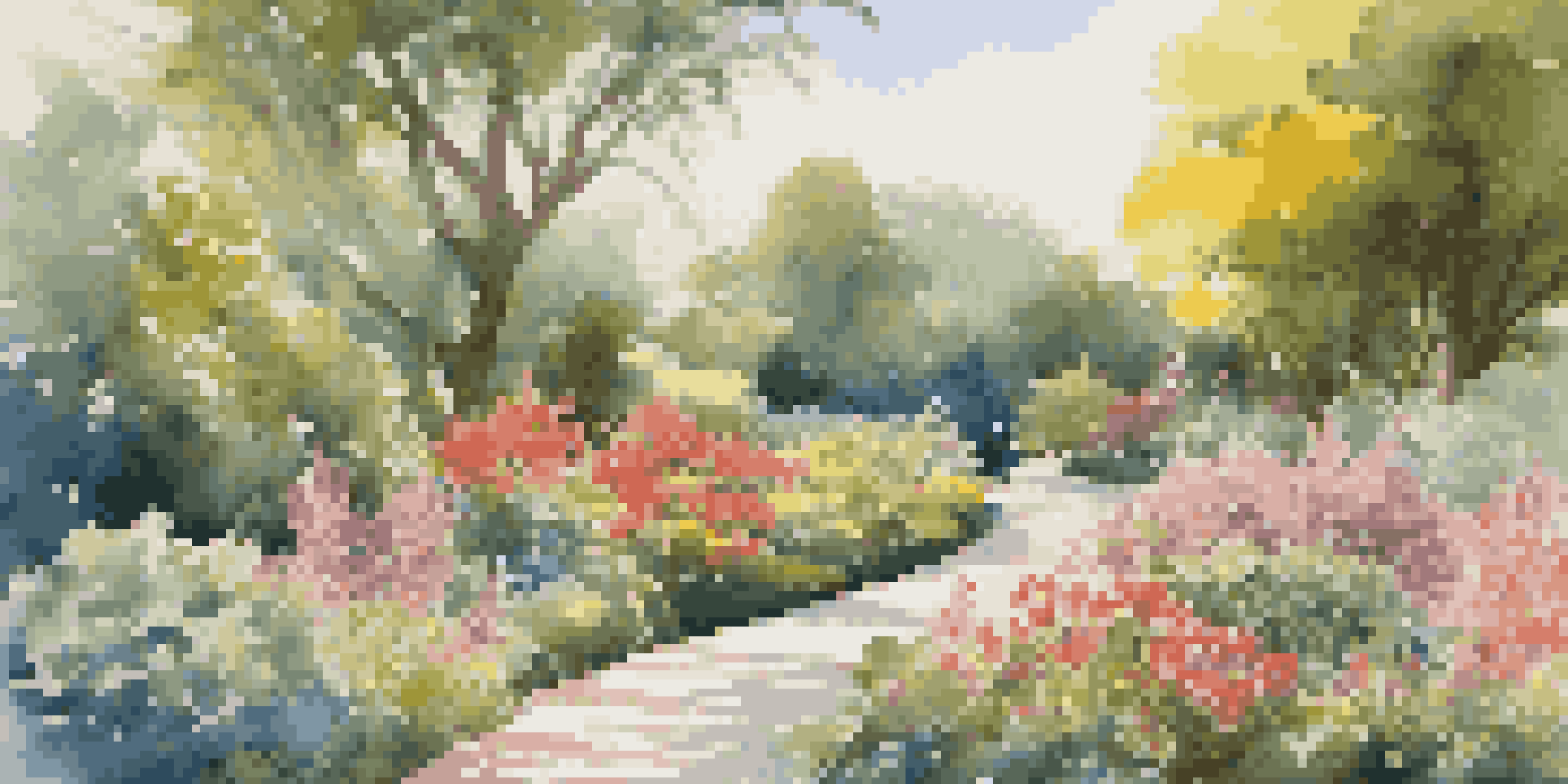 A vibrant garden with a variety of colorful flowers and a winding pathway, under a clear blue sky.