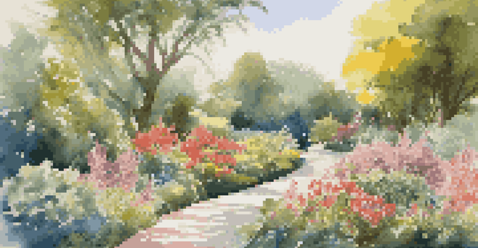 A vibrant garden with a variety of colorful flowers and a winding pathway, under a clear blue sky.