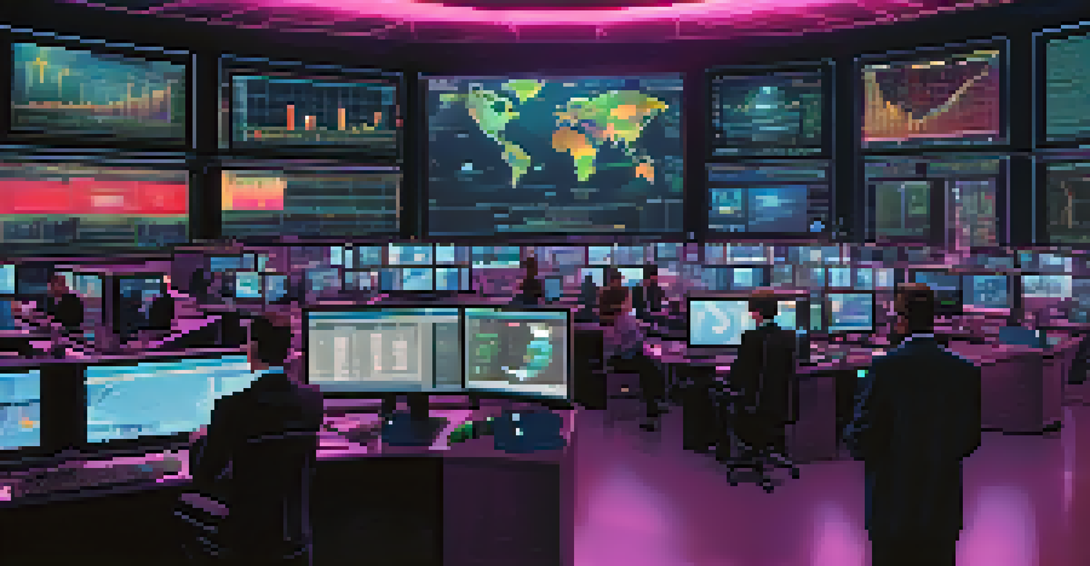 A futuristic trading room with holographic displays and traders using advanced technology in a high-tech environment.