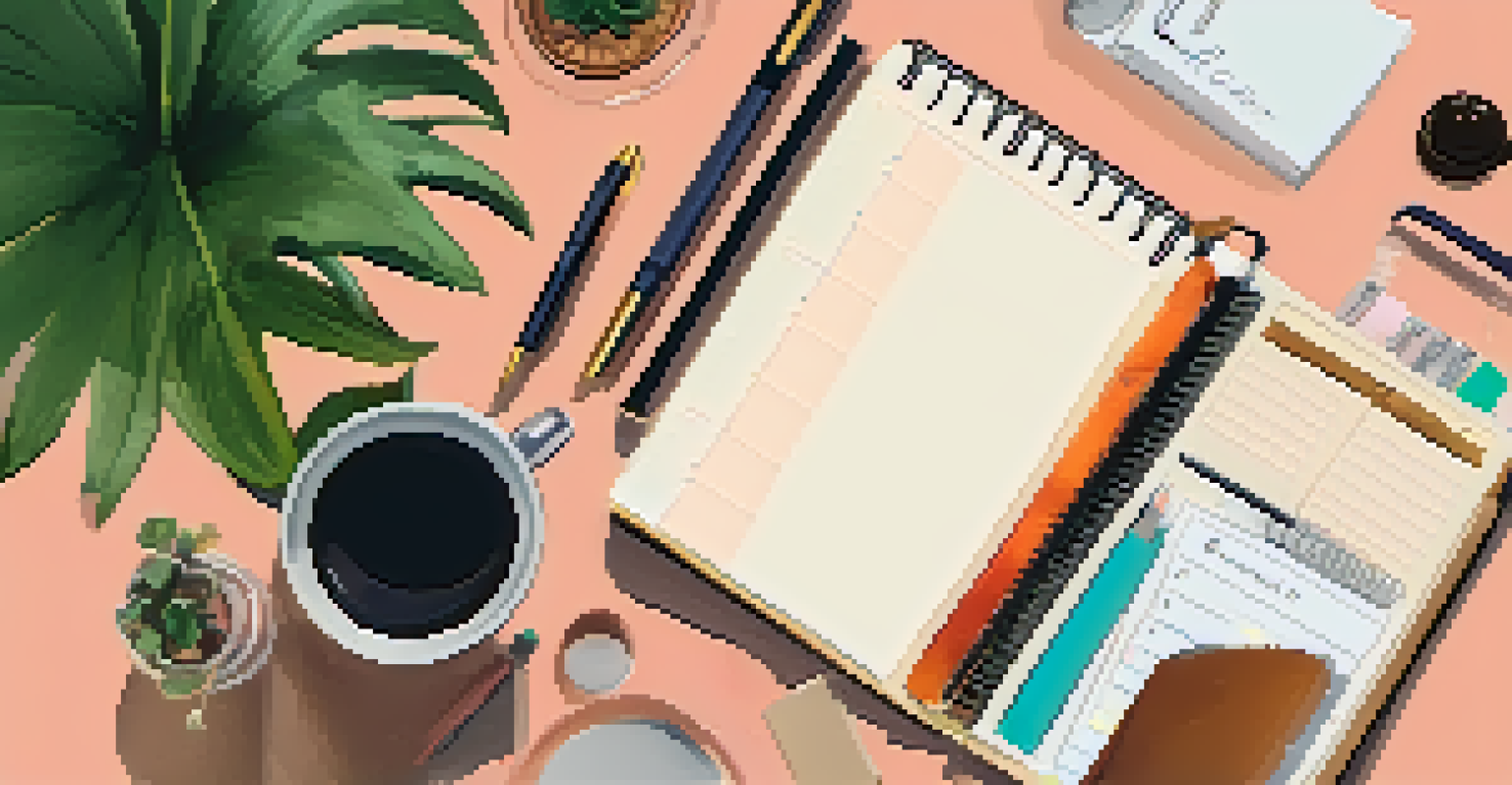 An organized desk with a planner, pens, and a cup of coffee, showcasing a neat and inviting workspace.