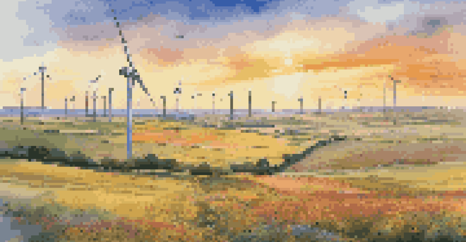 An aerial shot of a wind farm with spinning turbines amidst colorful wildflowers during sunset, representing clean energy.