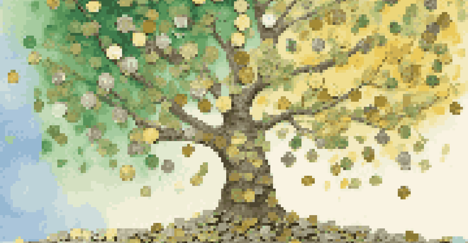 A tree made of coins and bills, symbolizing ethical investing, with bright green leaves and a soft blue-yellow gradient background.