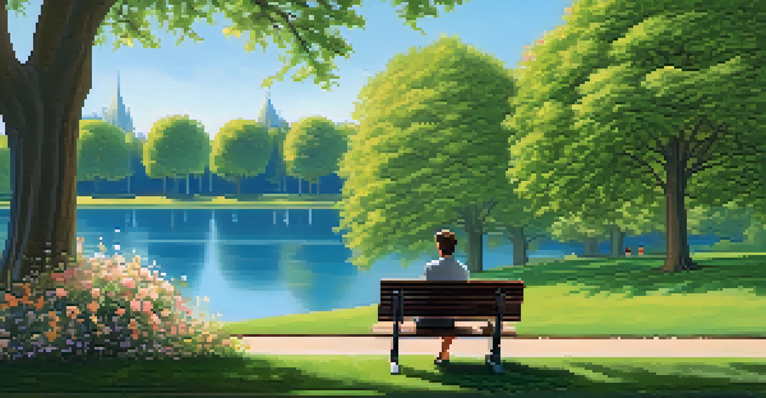 A person in a park sitting on a bench, using a tablet to analyze investment data surrounded by trees and flowers.
