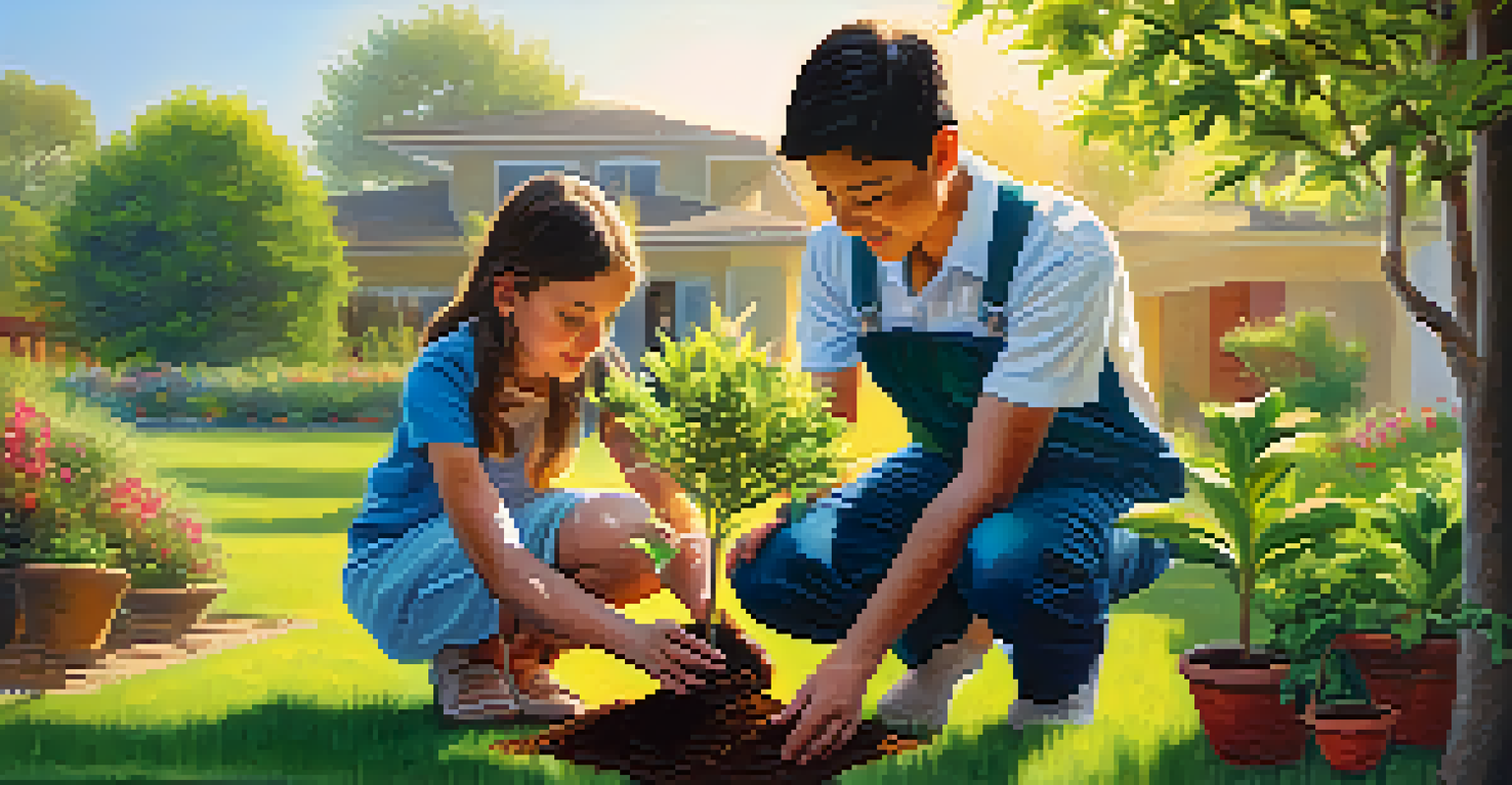 A young person planting a small tree in a garden while a family member watches, symbolizing growth and generational wealth.
