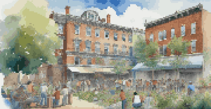 A group of diverse community members collaborating on a mural painting in front of a historic building under restoration, surrounded by greenery and flowers.