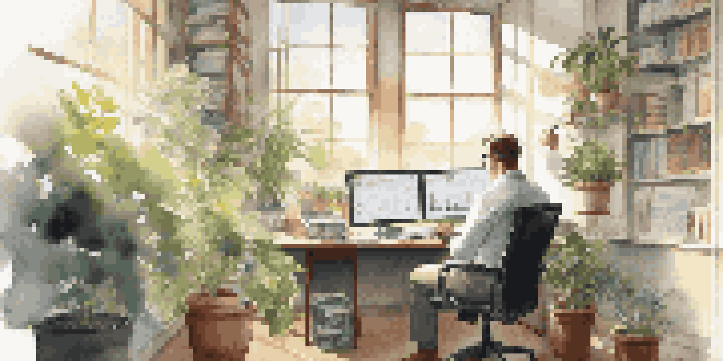 A person analyzing investment charts in a bright office with books and a plant.