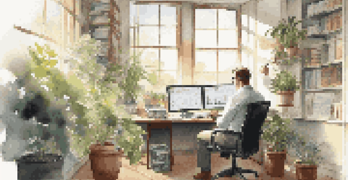 A person analyzing investment charts in a bright office with books and a plant.