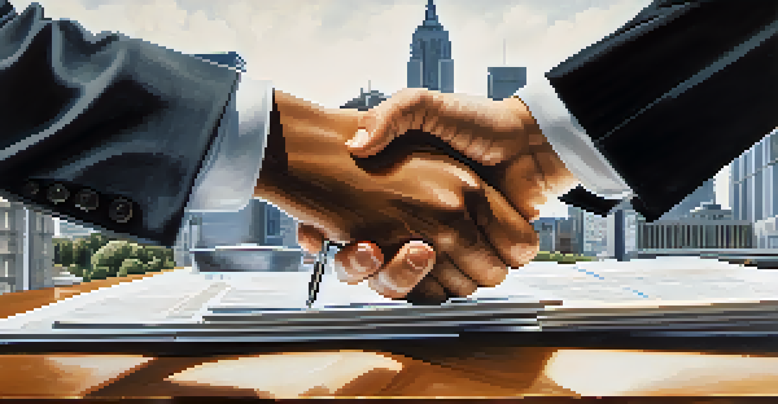 Two hands shaking over paperwork, with a city skyline blurred in the background.
