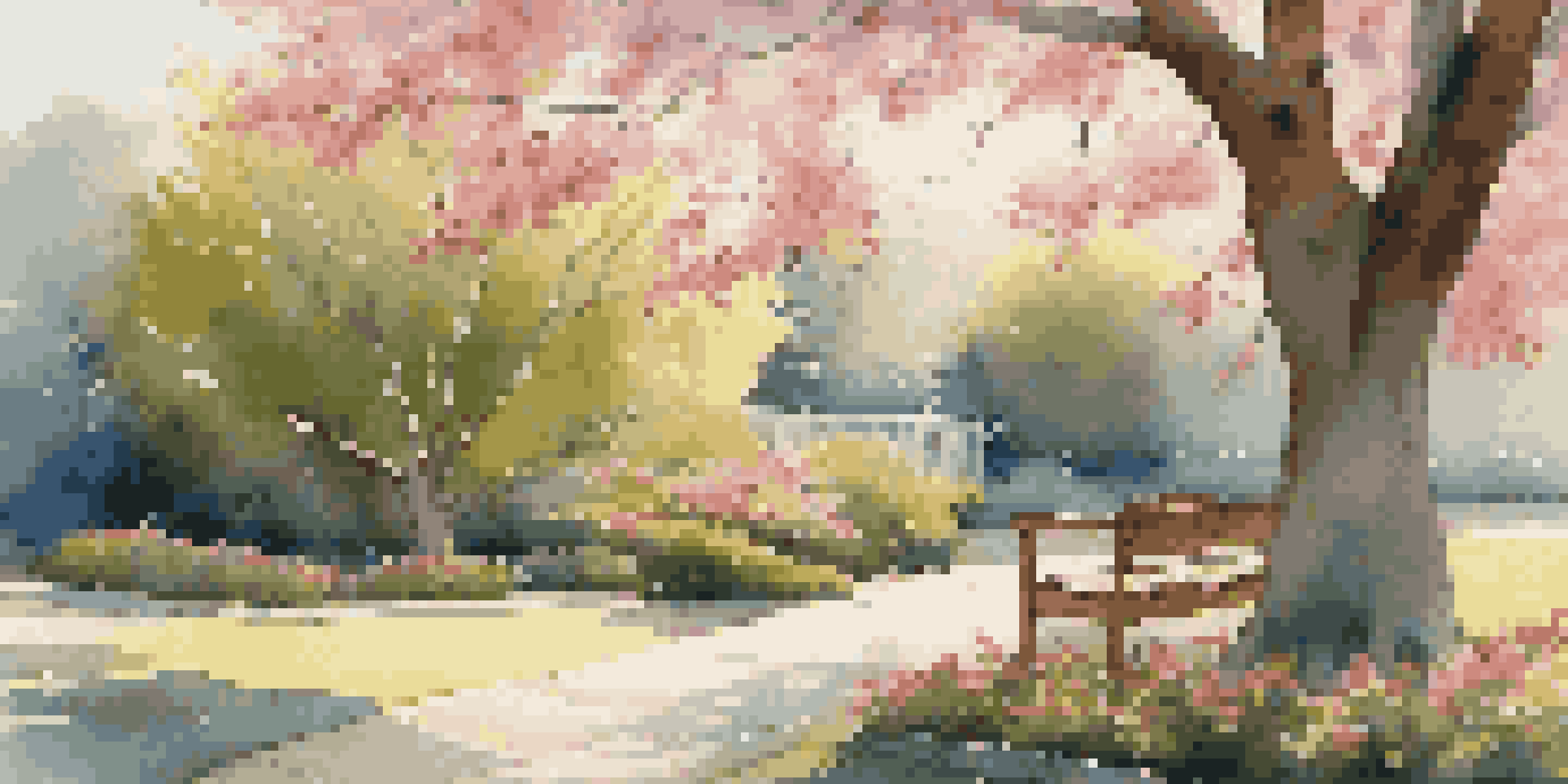 A peaceful garden with a wooden bench under a blossoming cherry tree, surrounded by vibrant flowers and bathed in golden sunlight.