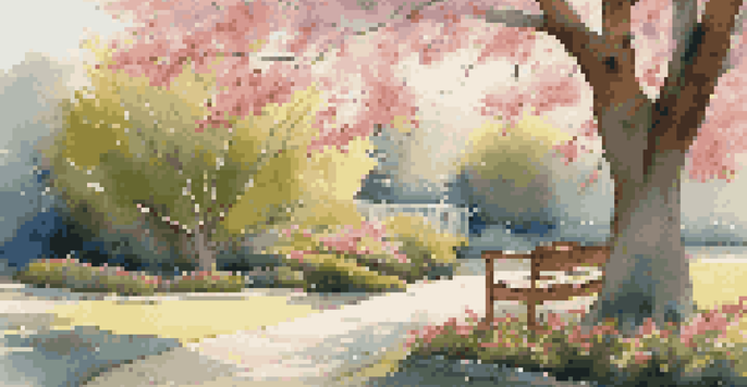 A peaceful garden with a wooden bench under a blossoming cherry tree, surrounded by vibrant flowers and bathed in golden sunlight.