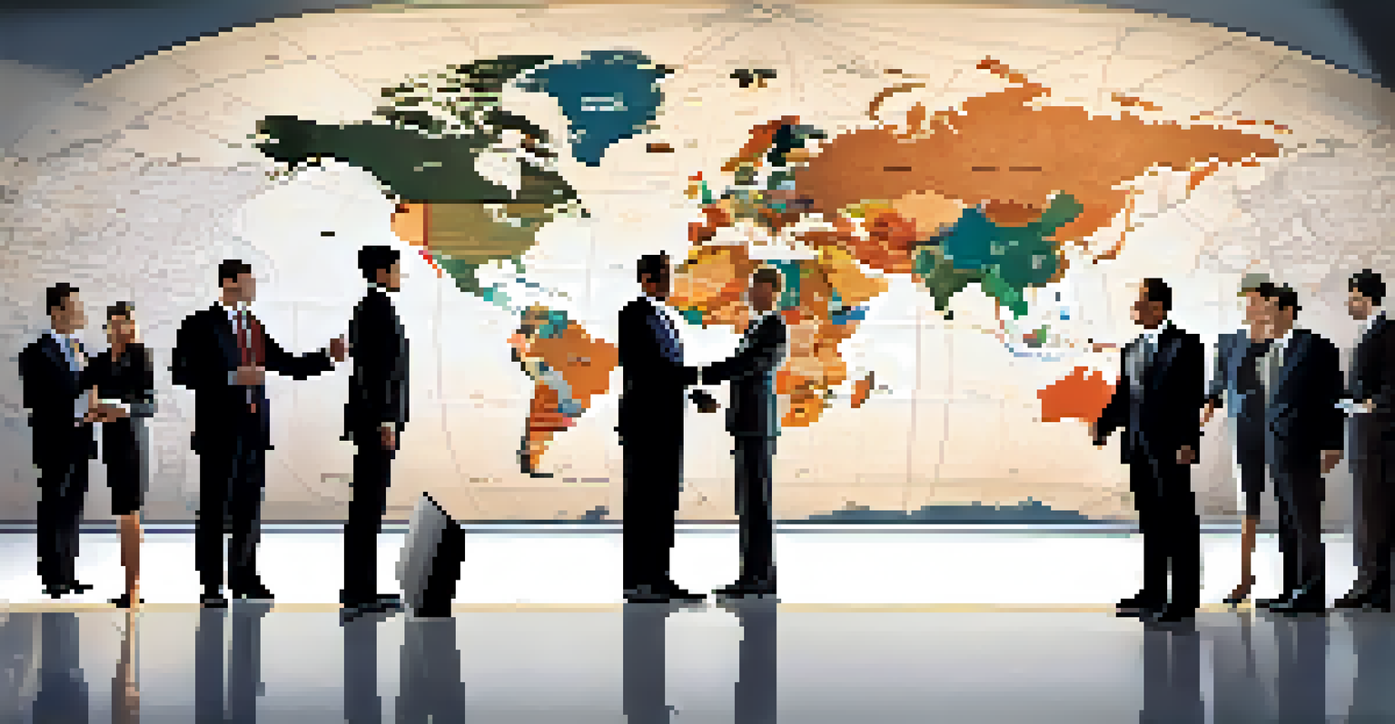 Business people from different cultures shaking hands in front of a world map.