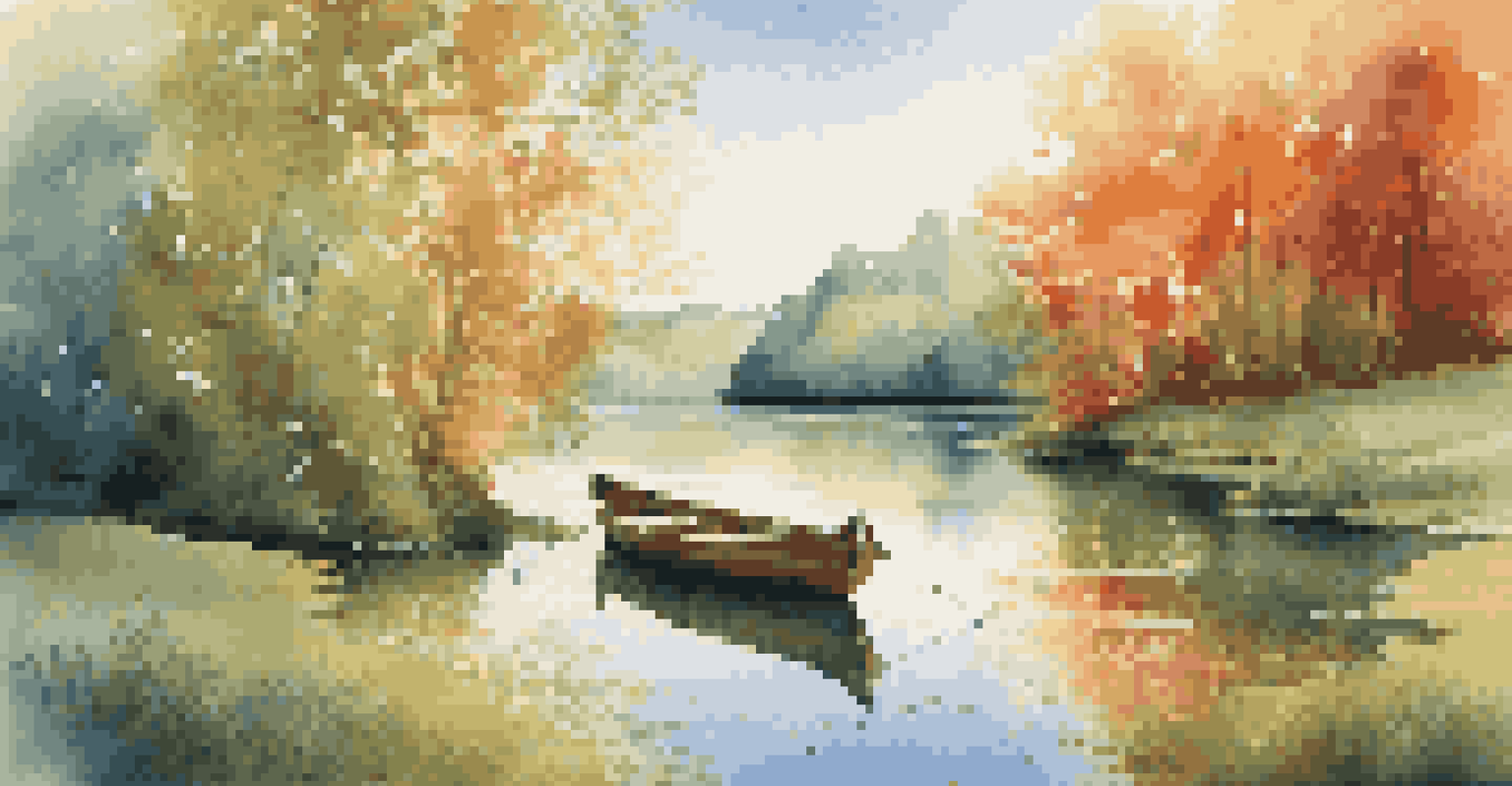 A peaceful lake setting with a wooden boat, surrounded by trees and a clear sky, with sunlight filtering through the leaves.