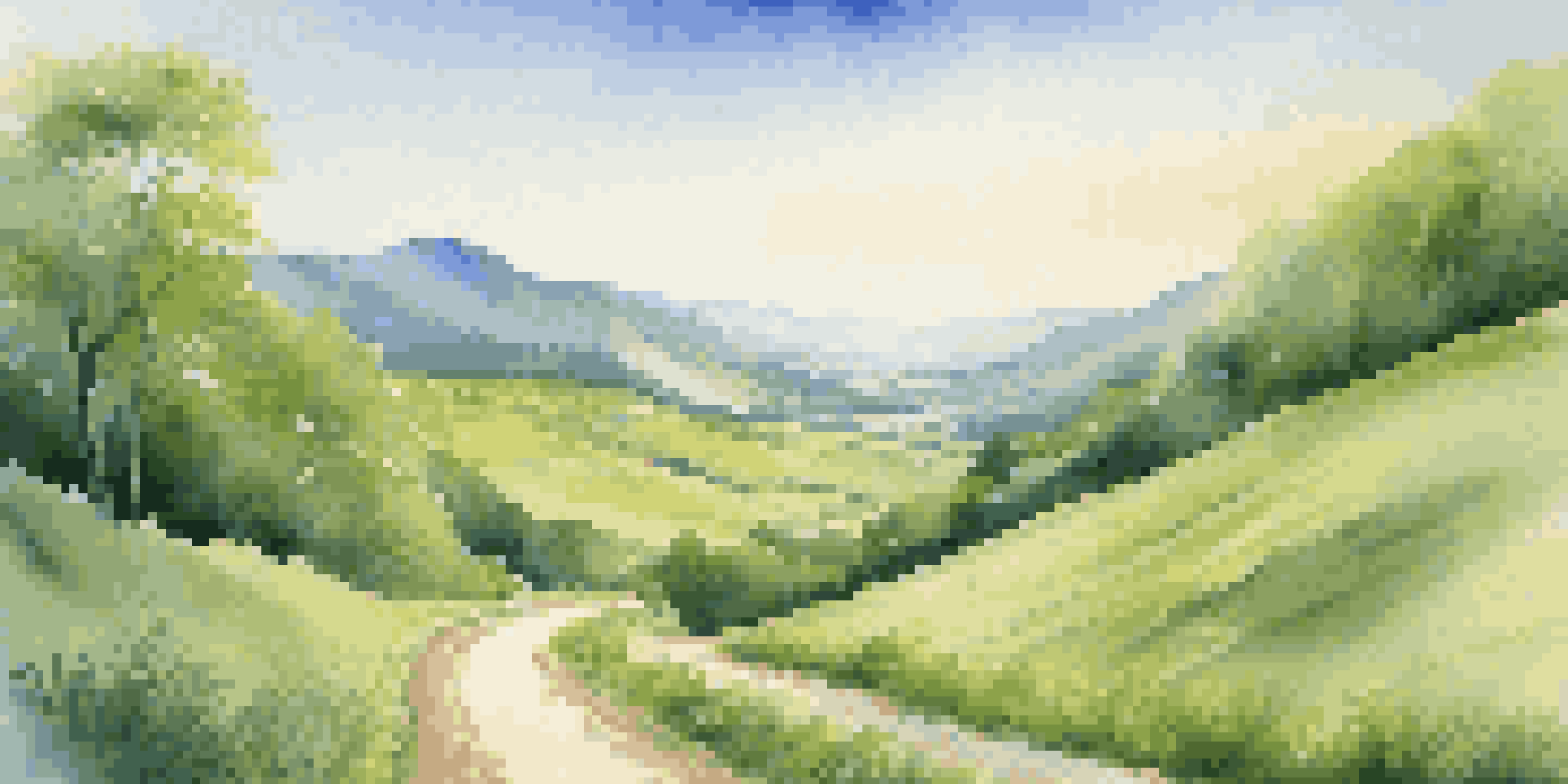 A peaceful view of a winding path through a green valley under a clear blue sky, symbolizing a long-term investment journey.