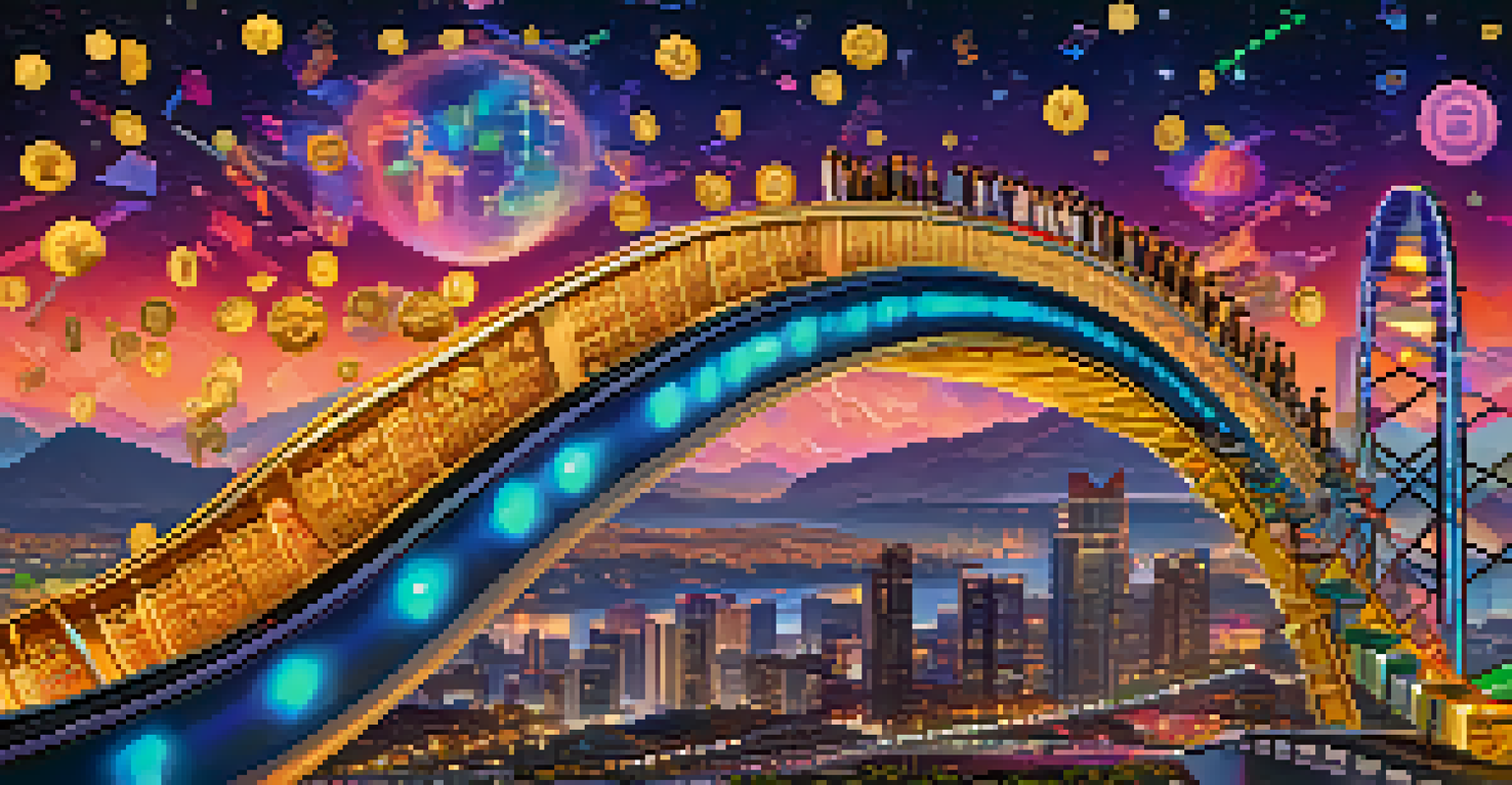 An abstract roller coaster made of digital coins representing cryptocurrency volatility against a colorful skyline.
