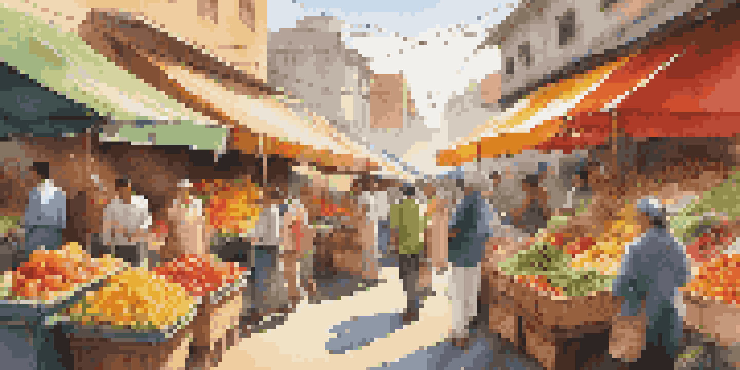 A busy city market filled with colorful fruits and vegetables, with diverse people buying and selling under a sunny sky.