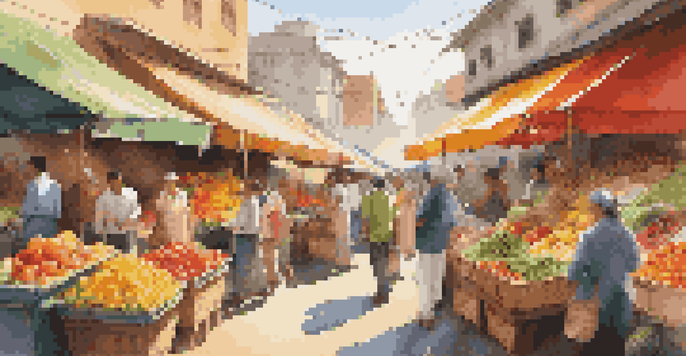 A busy city market filled with colorful fruits and vegetables, with diverse people buying and selling under a sunny sky.
