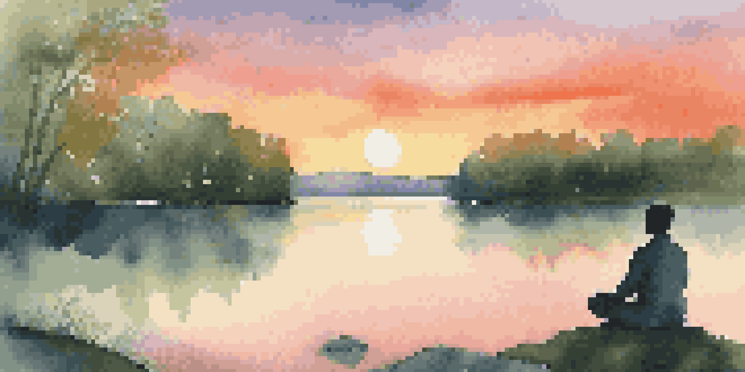 A tranquil lake at sunset with a person meditating on a rock, surrounded by green trees.