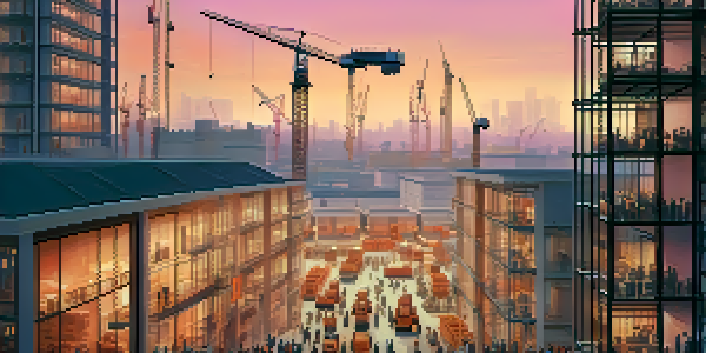 A construction site in an urban area at sunset with cranes, workers, and building materials, illustrating the busy housing market.
