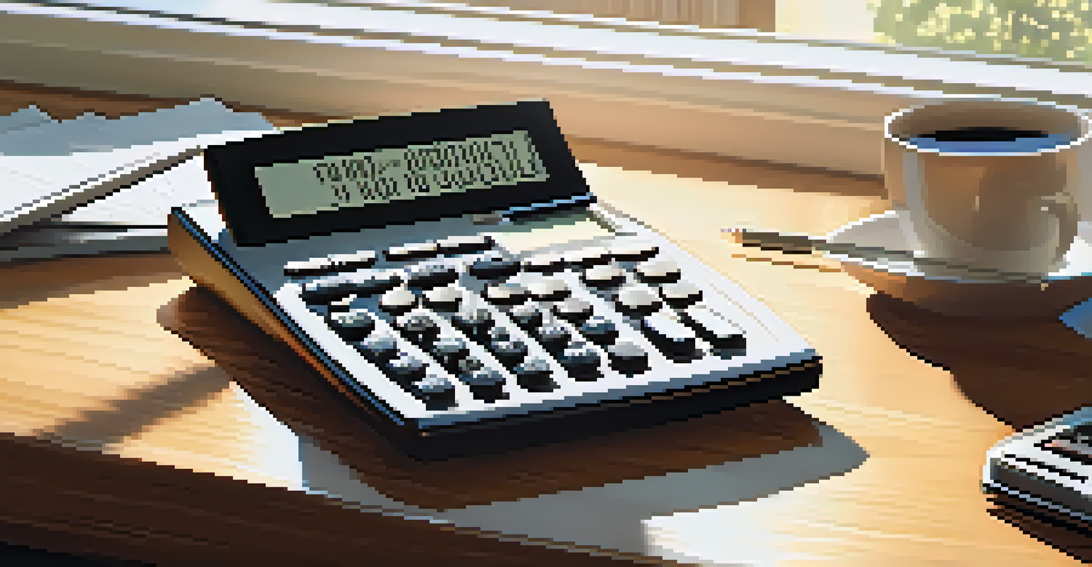 A calculator, financial reports, and a pen arranged on a wooden desk, with natural light highlighting the dividend yield calculation.