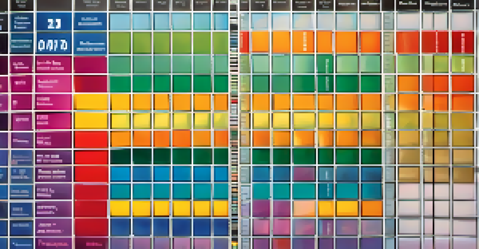 A close-up of a risk assessment matrix grid with colorful cells indicating various levels of financial risk and impact, set in a modern office environment.