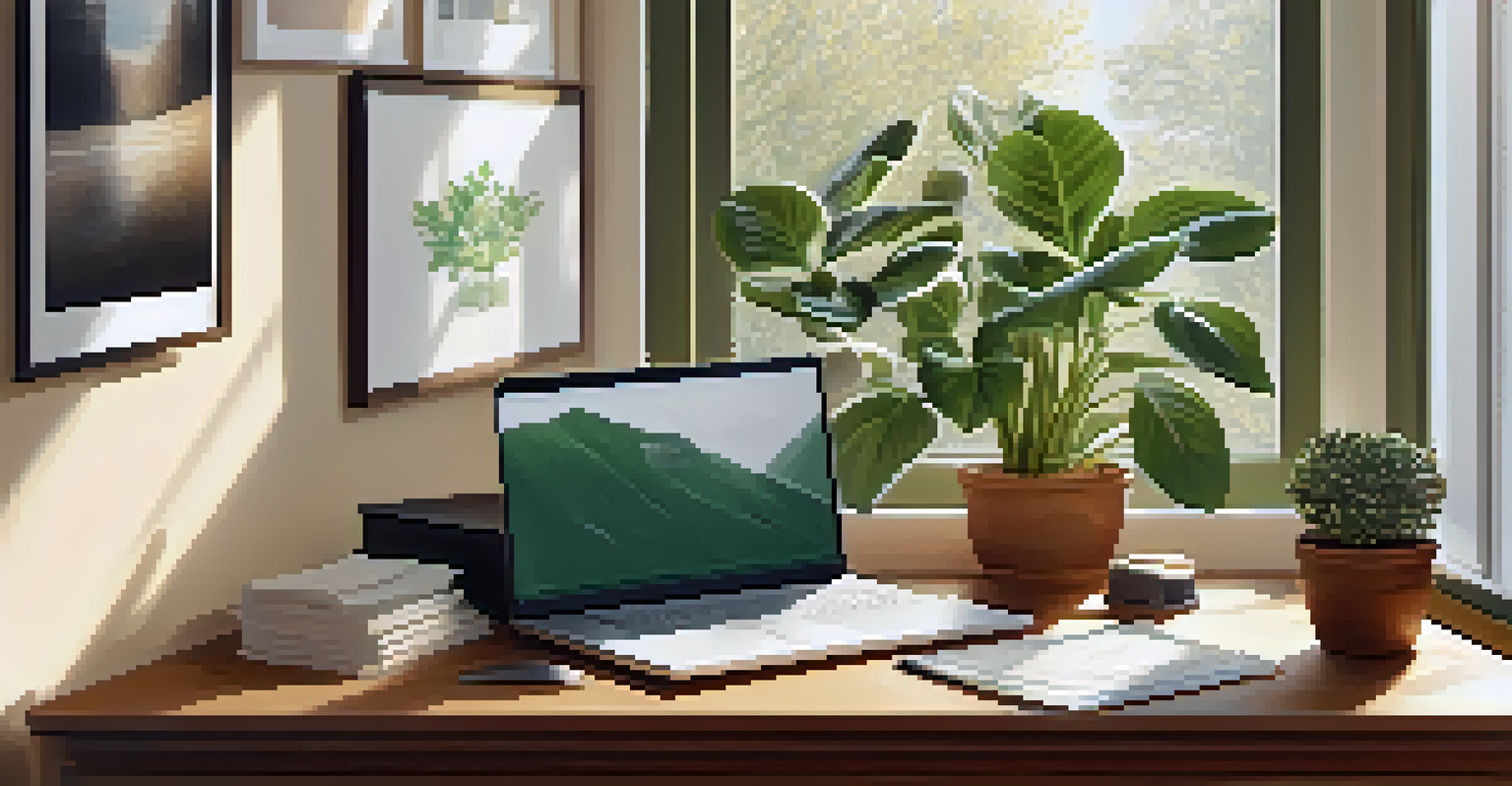 A peaceful office space with a laptop, retirement documents, and a potted plant under natural light.