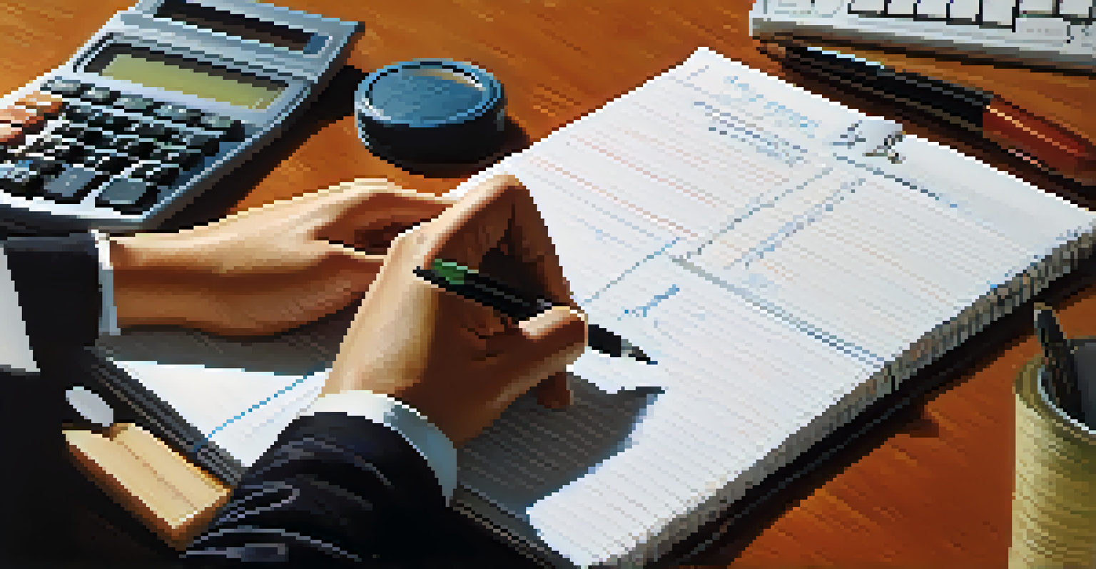 Close-up of hands writing notes in a notebook with a calculator and investment magazines in the background.