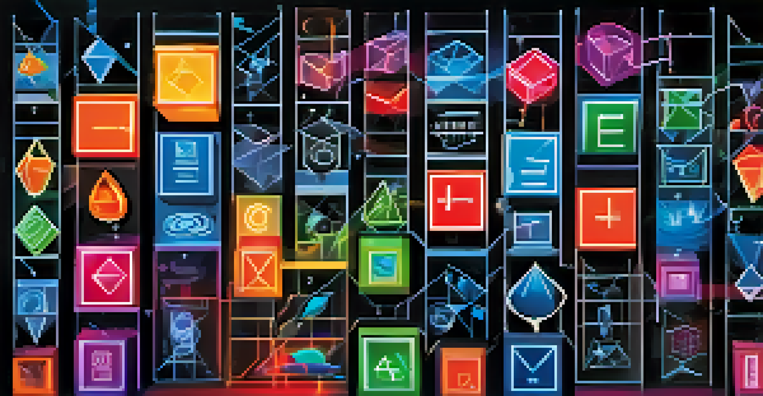An abstract representation of blockchain technology with glowing interconnected blocks and sustainability symbols.