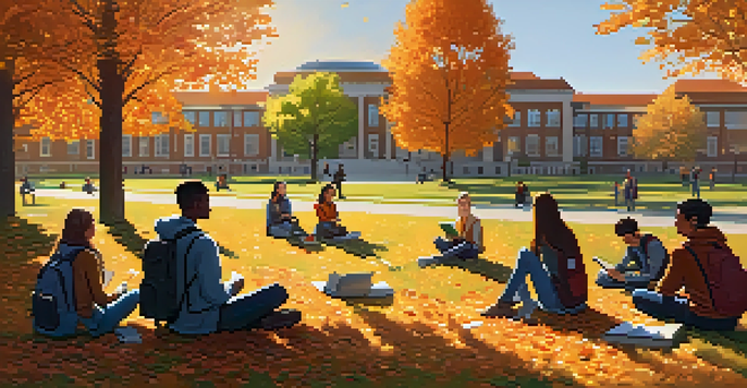 A diverse group of students studying on a college campus during autumn with colorful leaves around them.