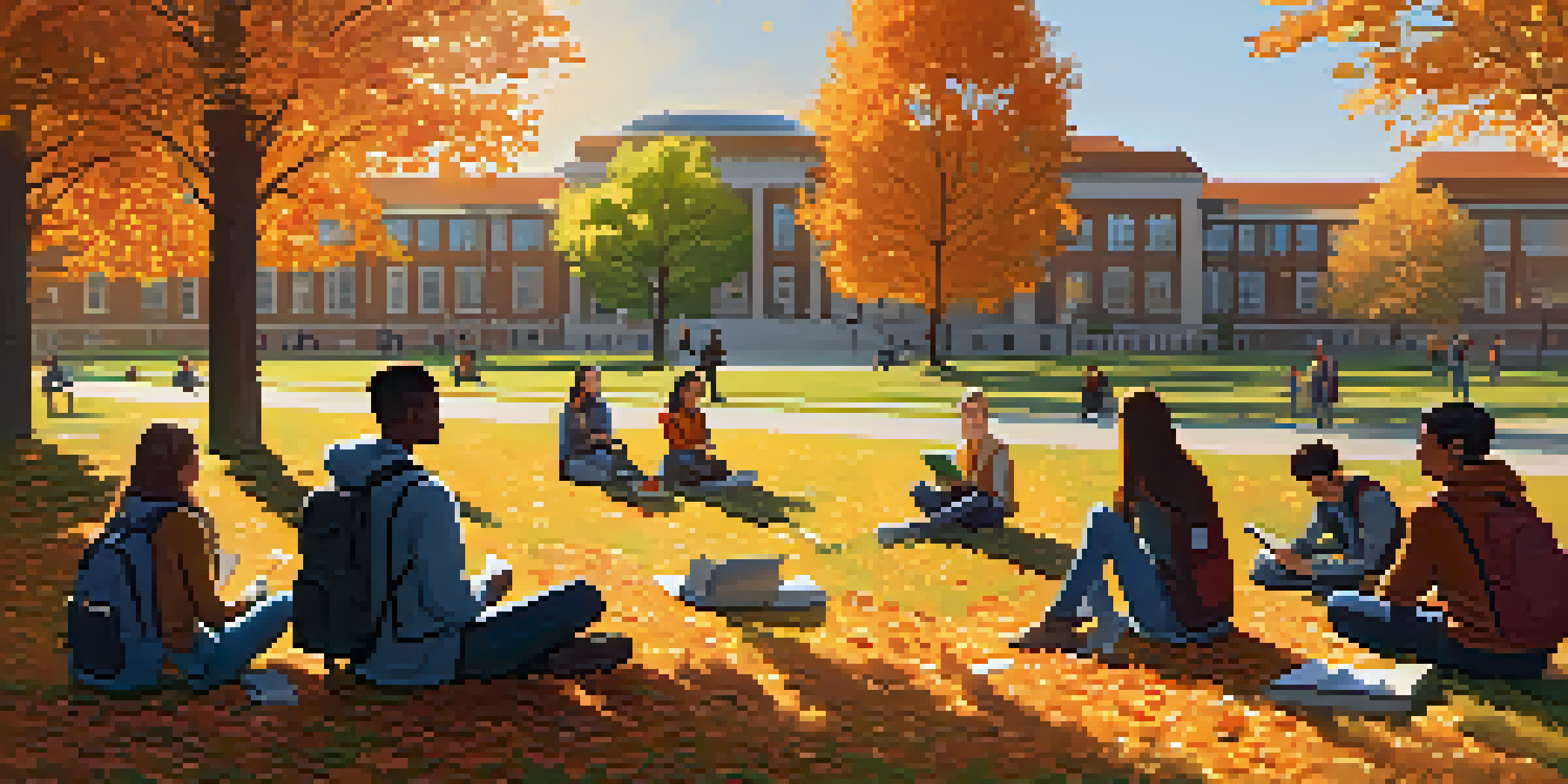A diverse group of students studying on a college campus during autumn with colorful leaves around them.