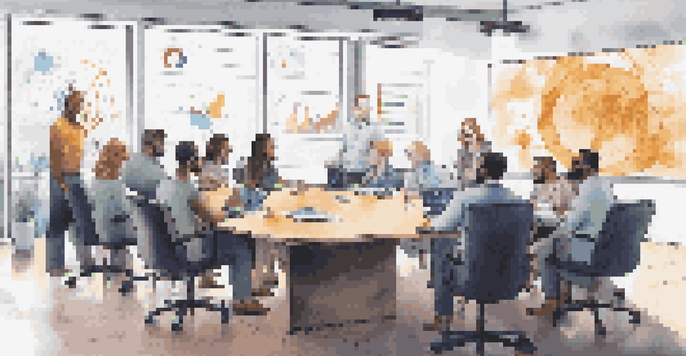 A diverse team of professionals discussing cryptocurrency trends around a conference table with a large screen showing charts.