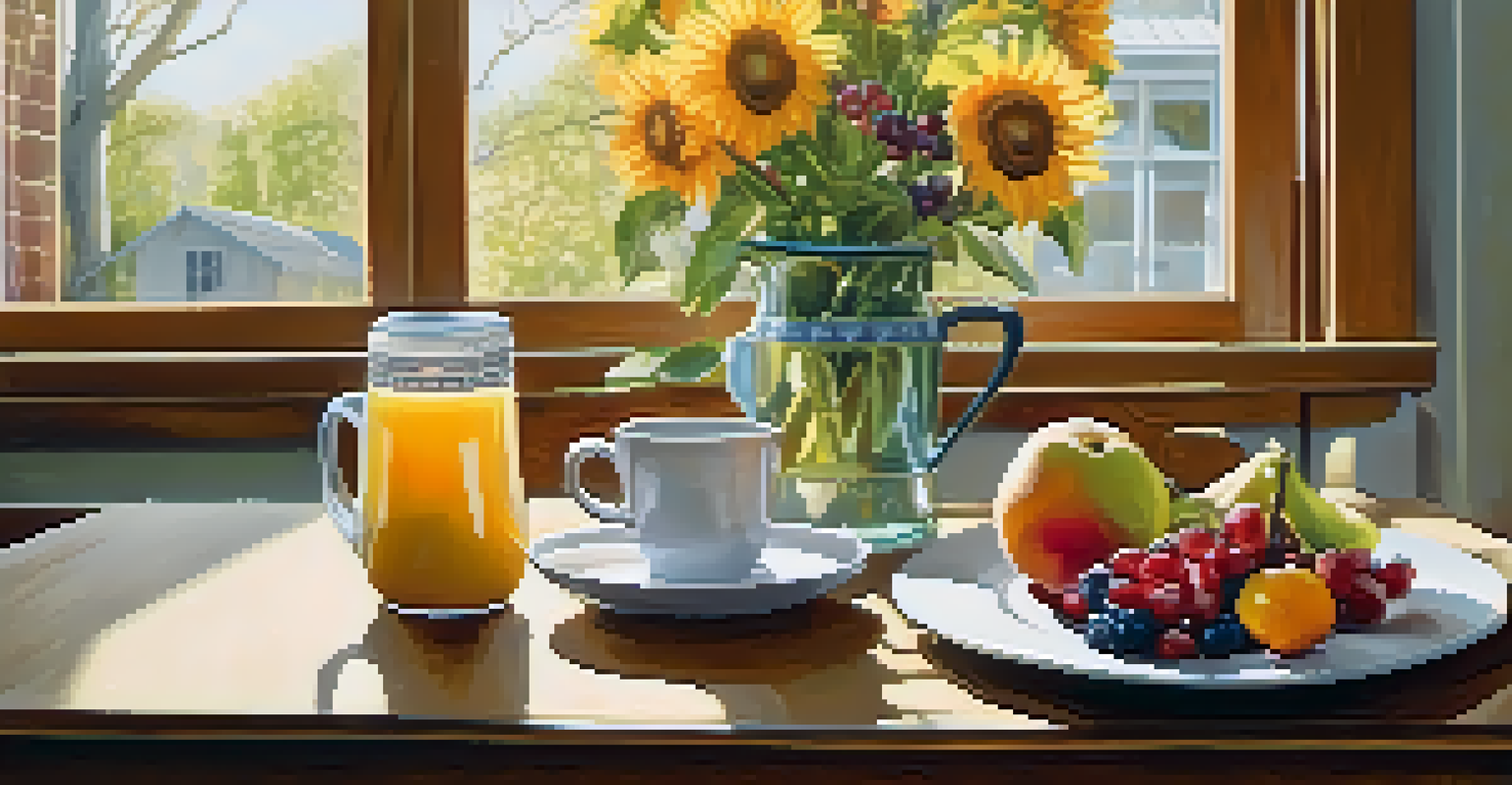 A bright kitchen with a wooden table set for breakfast, showcasing fruits, coffee, and flowers in warm sunlight.