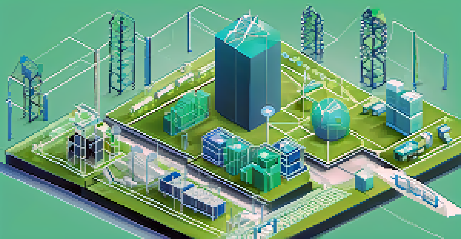 A 3D diagram of a supply chain connected by blockchain technology with various industry icons.