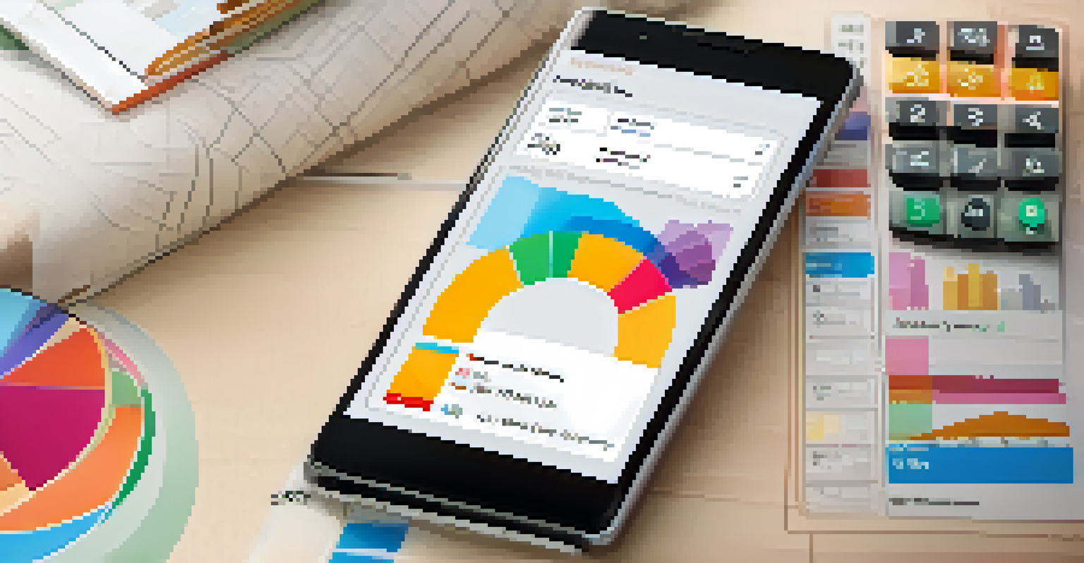 Close-up of a smartphone with a budgeting app showing colorful graphs in a cozy living room setting.