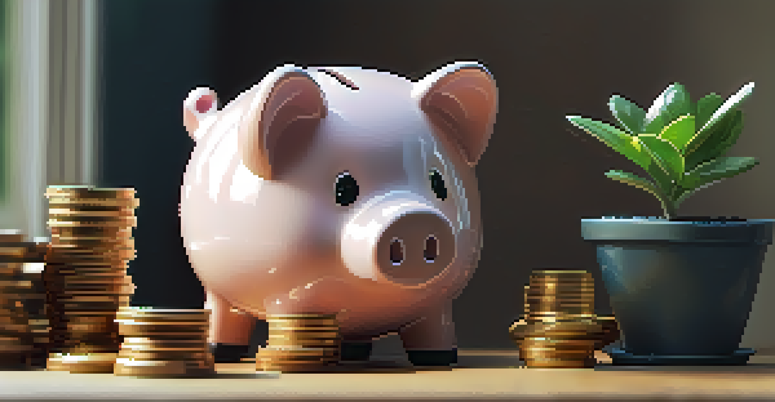 A piggy bank surrounded by coins and a small plant, symbolizing financial growth, illuminated by natural light.
