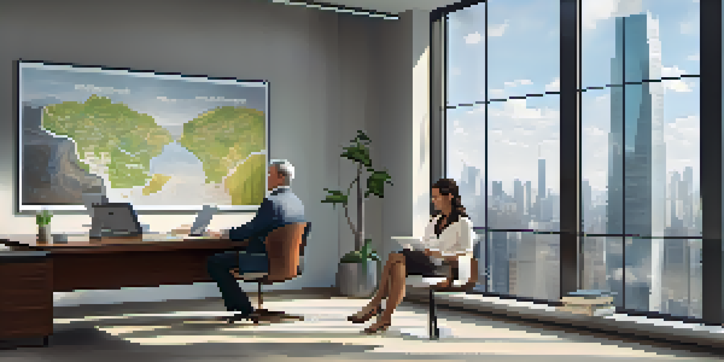 A financial advisor discussing a retirement plan with a client in a bright office, with a city skyline visible through the windows.