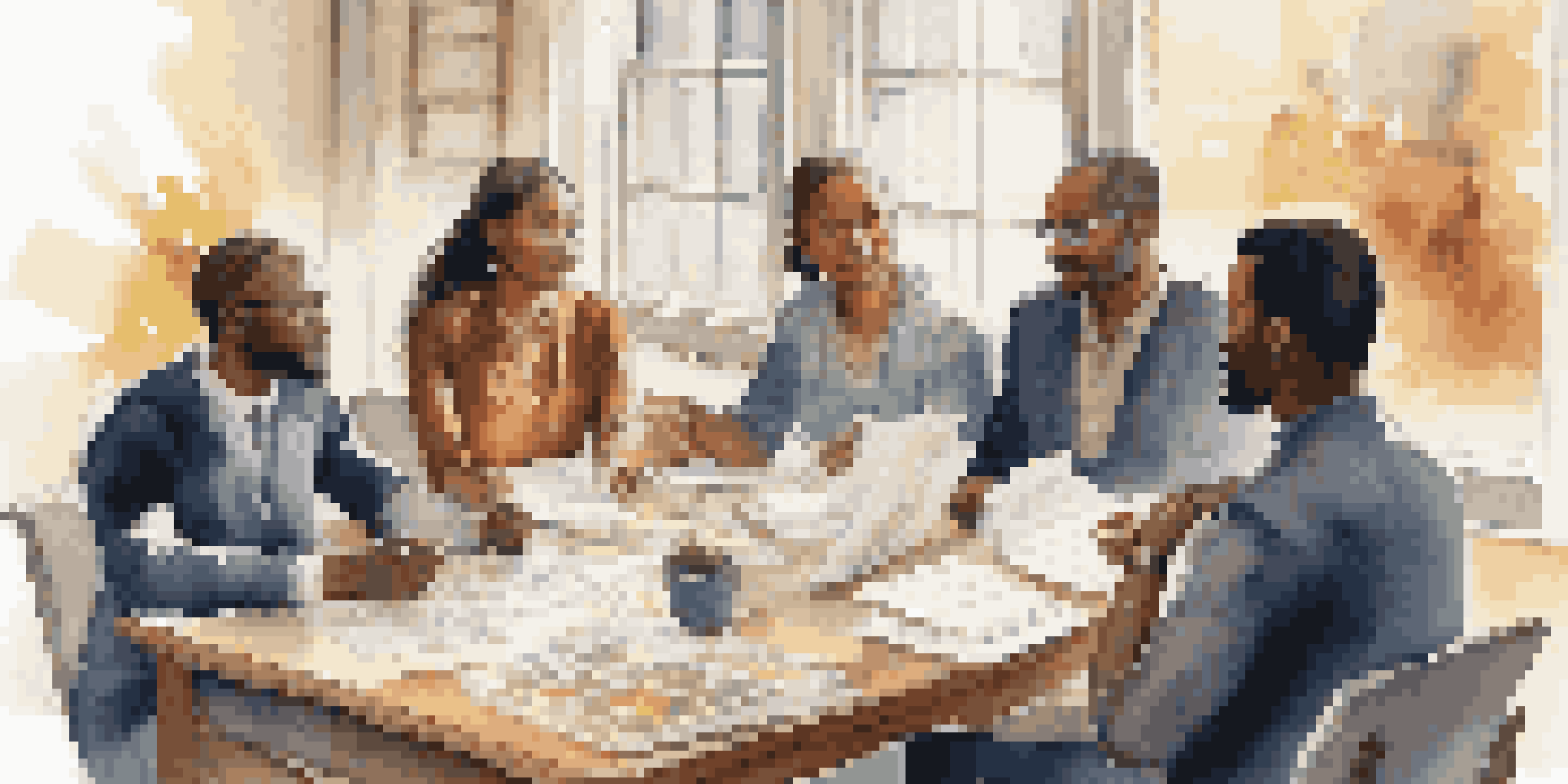 A diverse group of individuals engaging in a financial discussion at a table, with cultural attire and documents spread out.