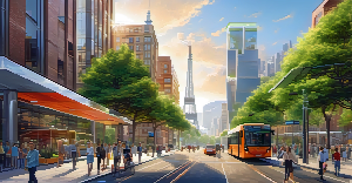 A modern city with green rooftops, solar panels, wind turbines, and people walking and biking on tree-lined streets under a clear blue sky.