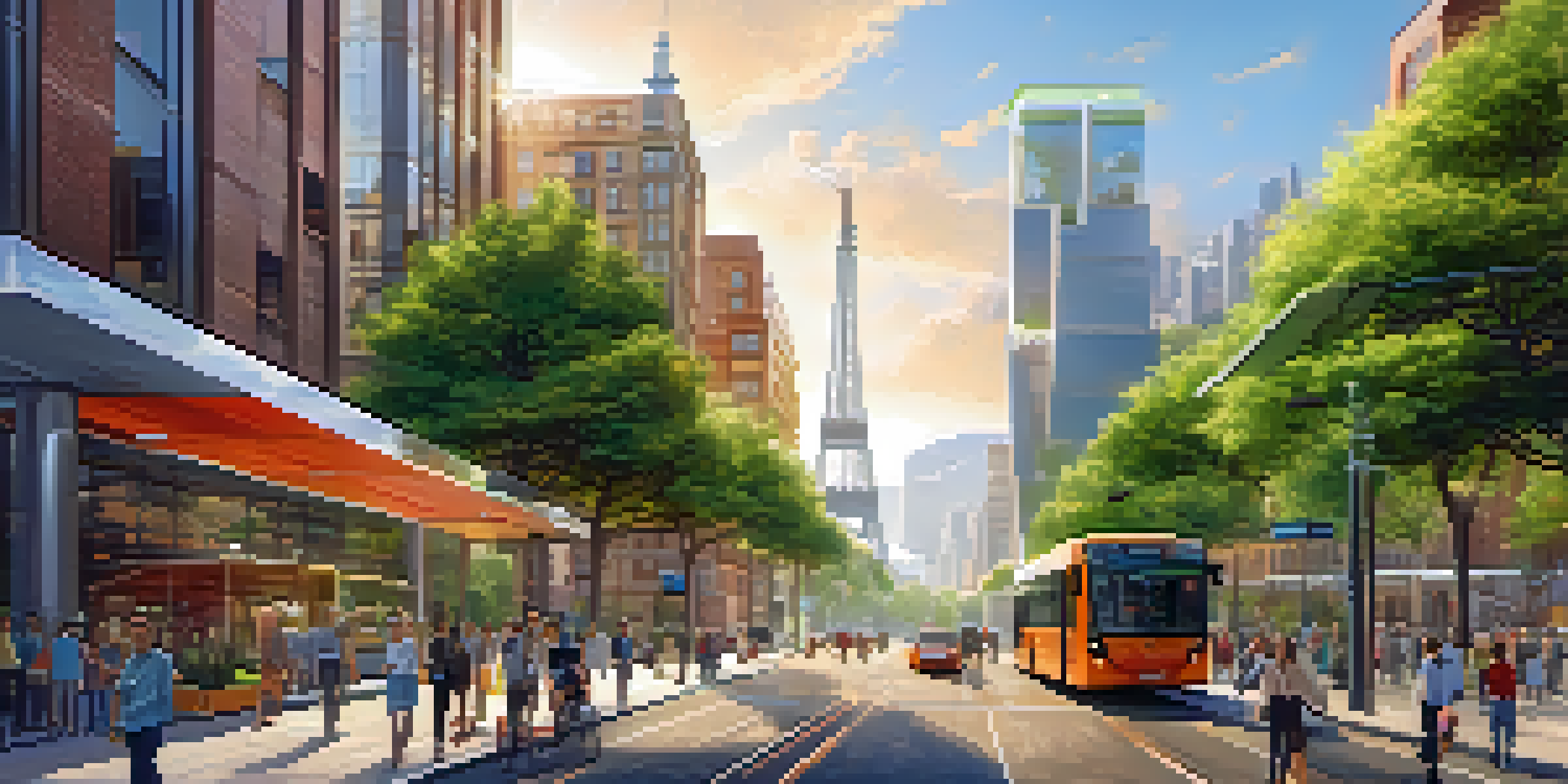 A modern city with green rooftops, solar panels, wind turbines, and people walking and biking on tree-lined streets under a clear blue sky.