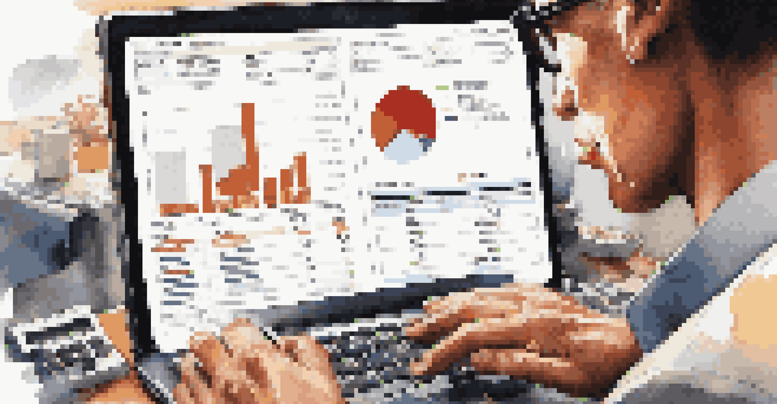 A close-up of a person studying financial reports on a laptop, showcasing concentration and strategy.