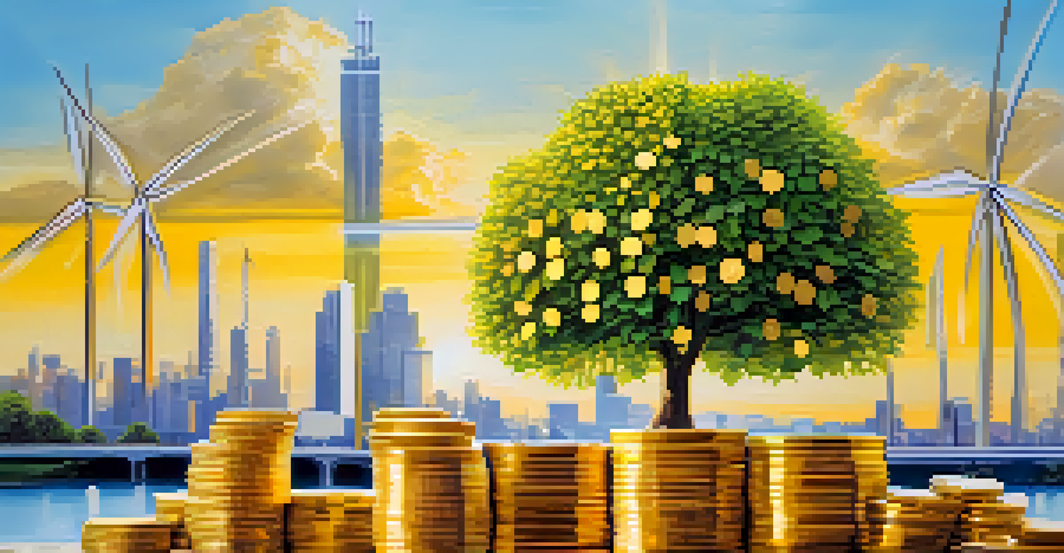 An abstract representation of sustainable investing with a tree growing from gold coins and a city skyline in the background.