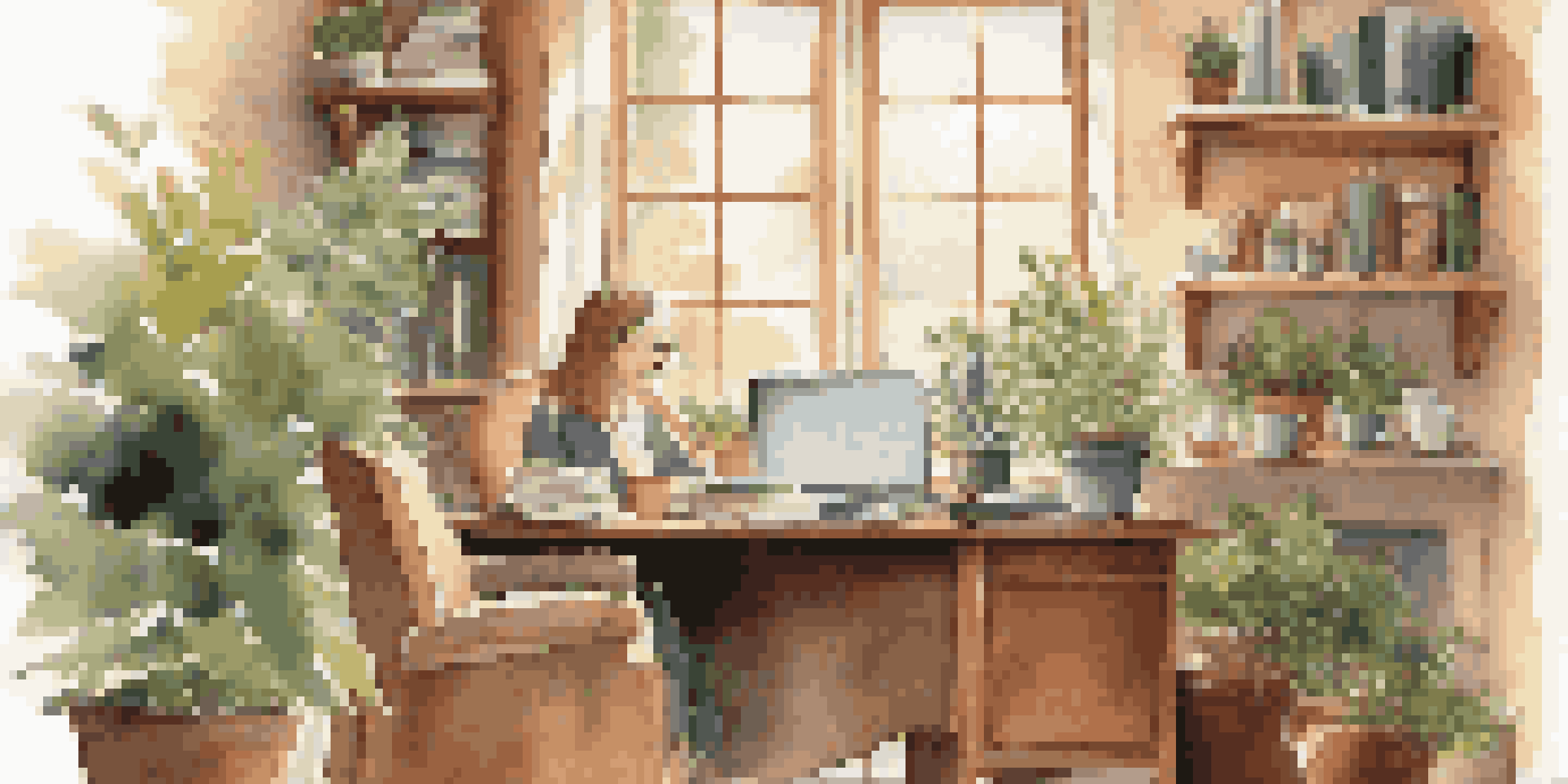 A middle-aged woman working in a cozy home office with books and a plant, illuminated by sunlight.